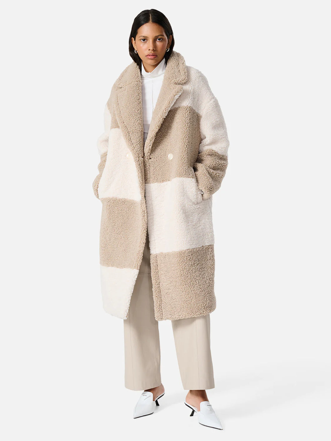Amber Oversized Teddy Coat Bone/Stone Check / Ena Pelly