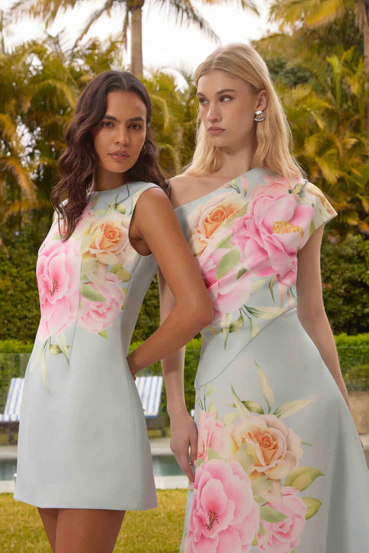 Harper Asymmetrical Gown in Baby Blue Floral | Elliatt