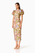 Load image into Gallery viewer, Fiora Puff Sleeve Midi Dress in Green &amp; Pink Floral / Elliatt
