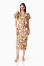 Load image into Gallery viewer, Fiora Puff Sleeve Midi Dress in Green &amp; Pink Floral / Elliatt