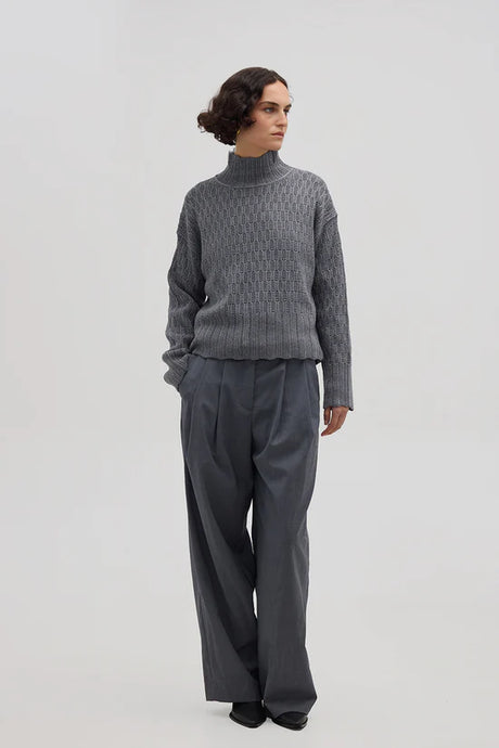 Corded Rib High Neck Sweater, Grey | Iris & Wool