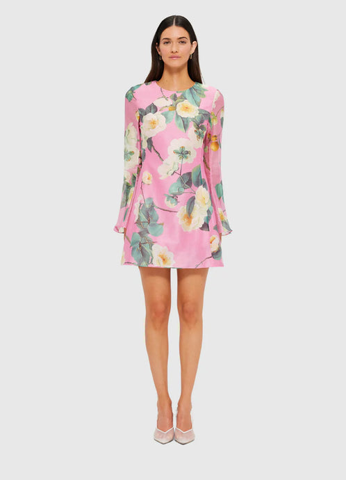 Suzanne Bell Sleeve Mini Dress, Camelia Print | Leo Lin