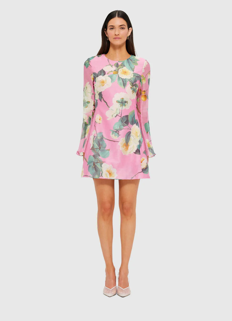 Suzanne Bell Sleeve Mini Dress, Camelia Print | Leo Lin
