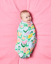 Load image into Gallery viewer, Popping Flowers Green Bamboo Swaddle | Kip &amp; Co