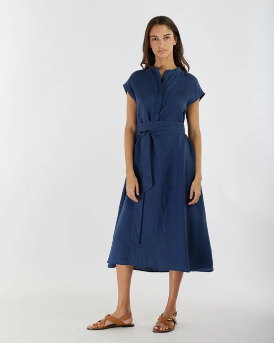 Renee Linen Midi Dress, Navy | Amelius