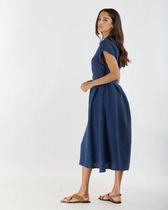 Renee Linen Midi Dress, Navy | Amelius