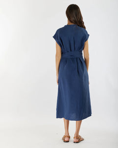 Renee Linen Midi Dress, Navy | Amelius