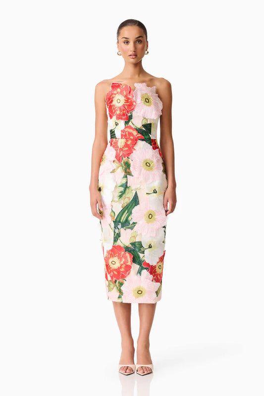 Solara Strapless Midi Dress, Pink Floral | Elliatt