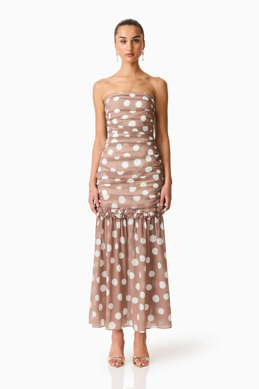 Sola Polkadot Strapless Maxi Gown, Brown and White | Elliatt