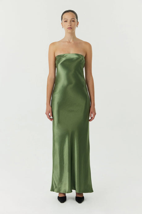 Satin Tie Back Strapless Maxi Olive | Third Form