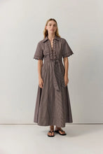 Load image into Gallery viewer, Stripe Cutwork Trim Shirt Dress Chocolate Stripe | iris &amp; Moss