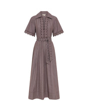 Load image into Gallery viewer, Stripe Cutwork Trim Shirt Dress Chocolate Stripe | iris &amp; Moss