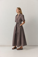 Load image into Gallery viewer, Stripe Cutwork Trim Shirt Dress Chocolate Stripe | iris &amp; Moss