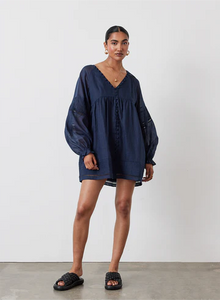 Lillian 5.0 Linen Ramie Mini Smock Dress, Navy | Joslin