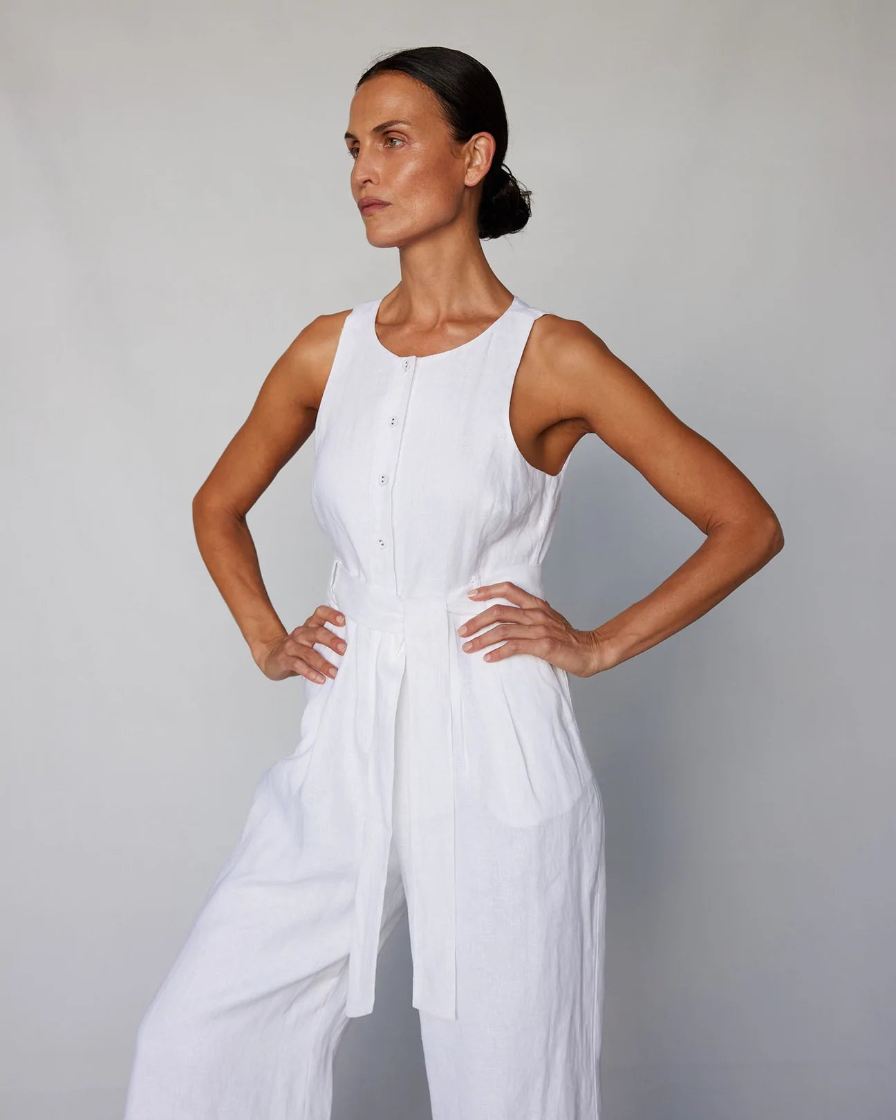 Womens white linen jumpsuit sales