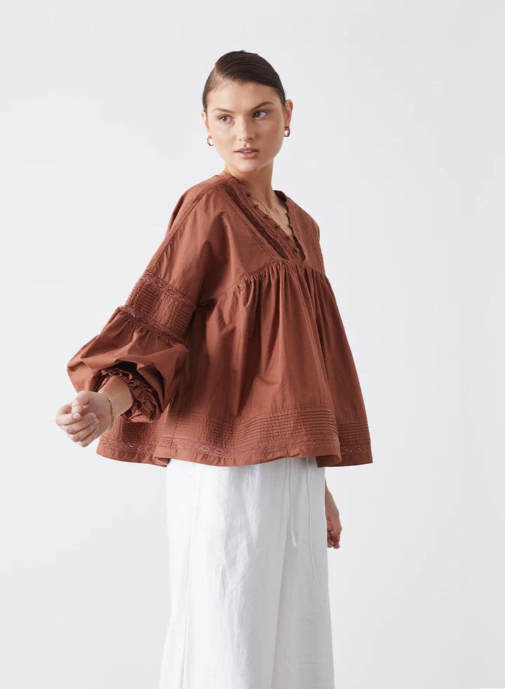Marlo Organic Cotton Smock Top Sienna Red Joslin Studio
