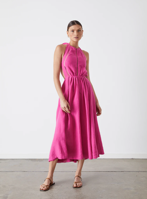 Chloe Linen Midi Dress, Bougainvillea Pink | JOSLIN Studio
